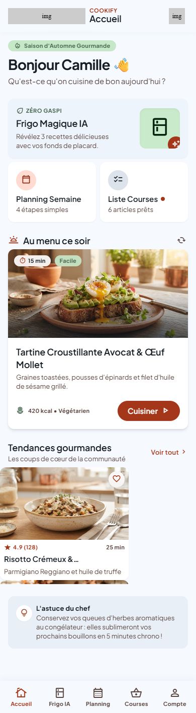 L'accueil de l'app Cooklify : le Frigo Magique IA, le planning, la liste de courses et la recette du soir.