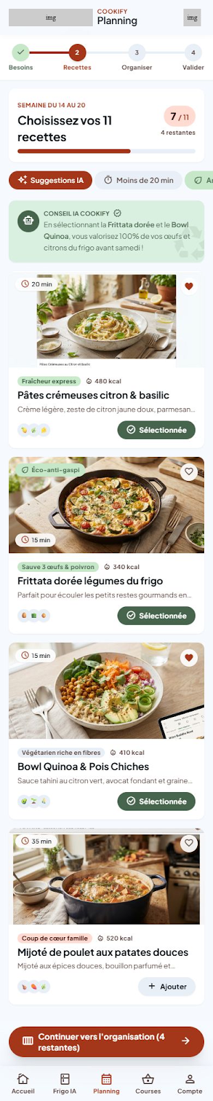 Le planning de l'app : choisir les recettes de la semaine, avec les conseils anti-gaspi de l'IA.